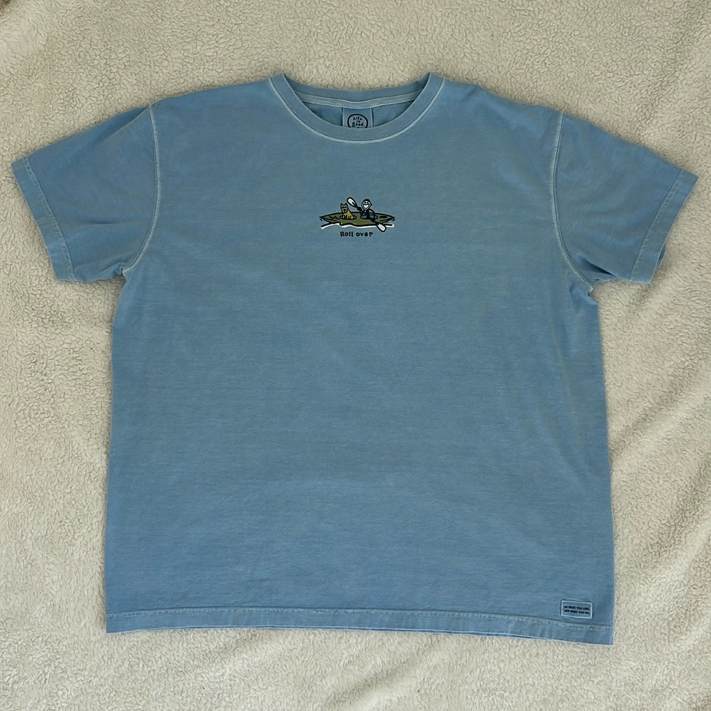 Life Is Good Tee Shirt XL Blue Tee Shirt -Kayak / Kayaking / Dog “Roll over”